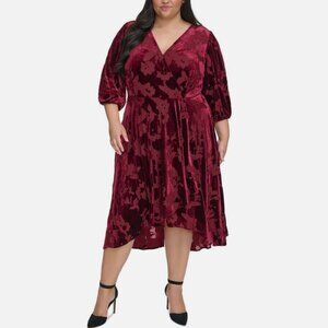 Calvin Klein 14 Red Floral Velvet Burnout Dress Cocktail Burgundy